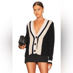 525 Women's Varsity Black and Cream Cardigan Sweater size Medium 100% cotton